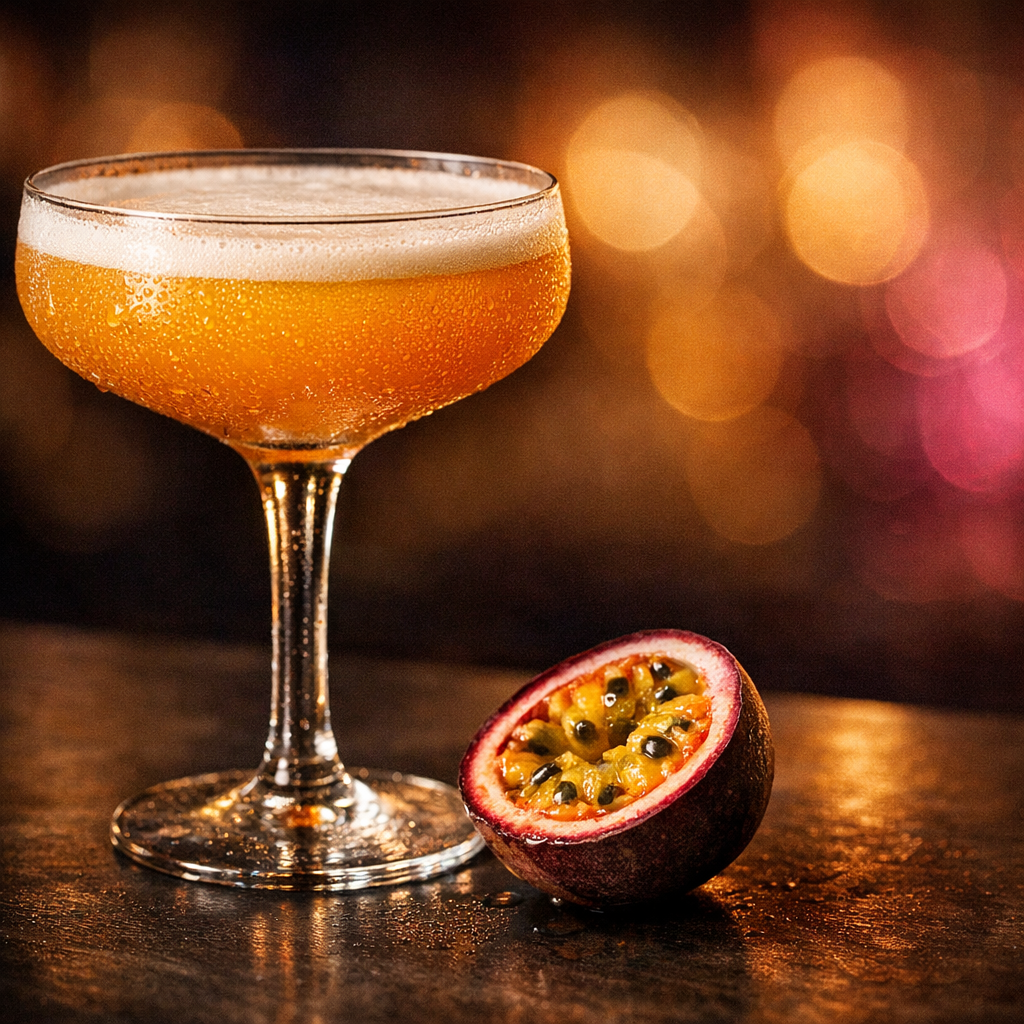 Hyperrealistischer Pornstar Martini mit Passionsfrucht neben dem Glas vor orange-pinkem Licht