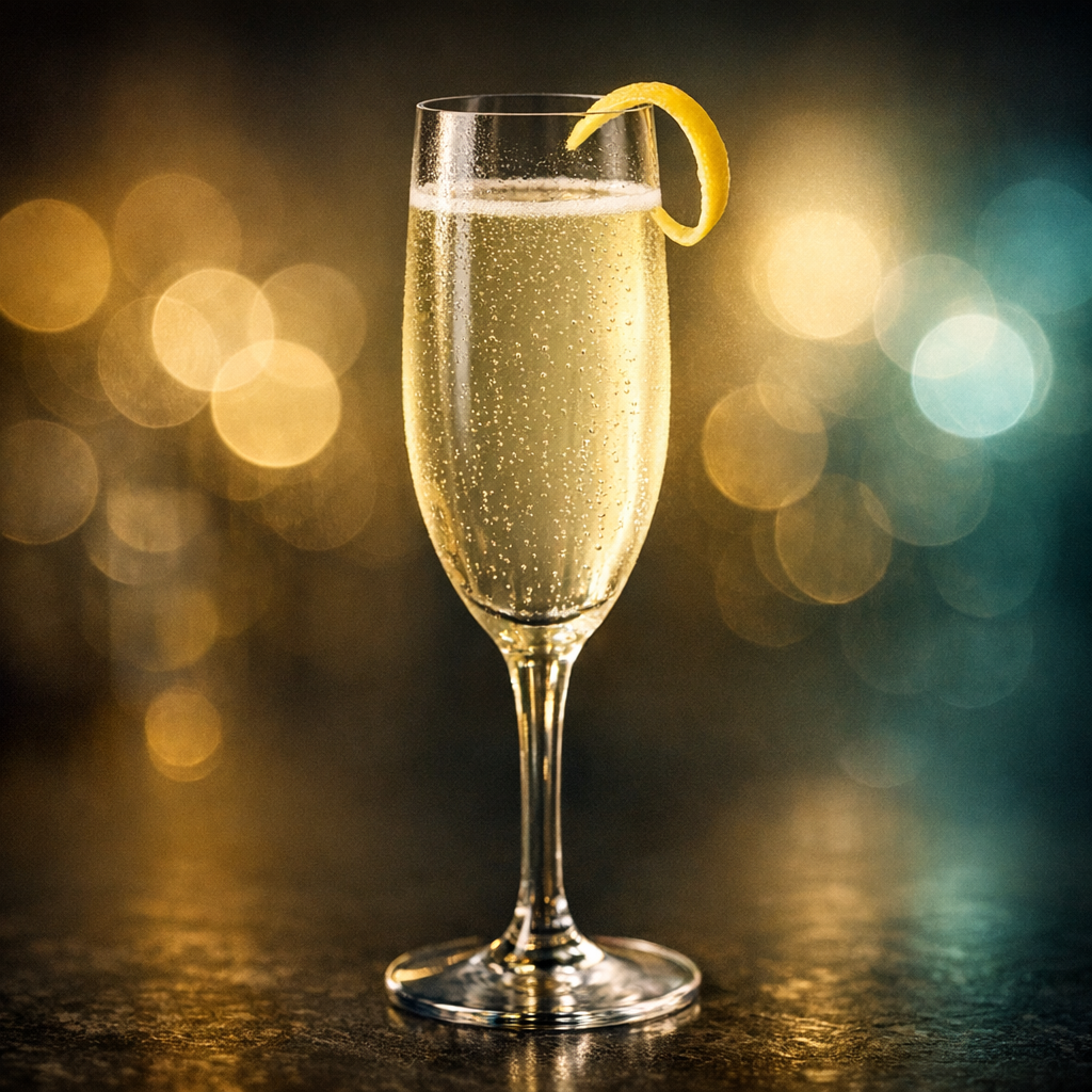 Hyperrealistischer French 75 im Sektglas vor zitronengoldenem Licht