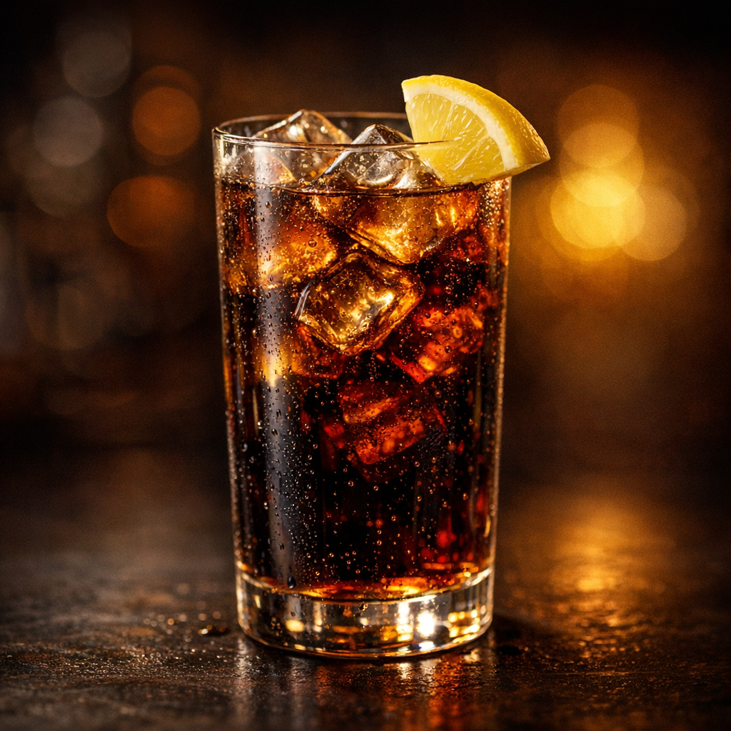 Hyperrealistischer Whiskey Cola im Highballglas vor braun-goldenem Licht