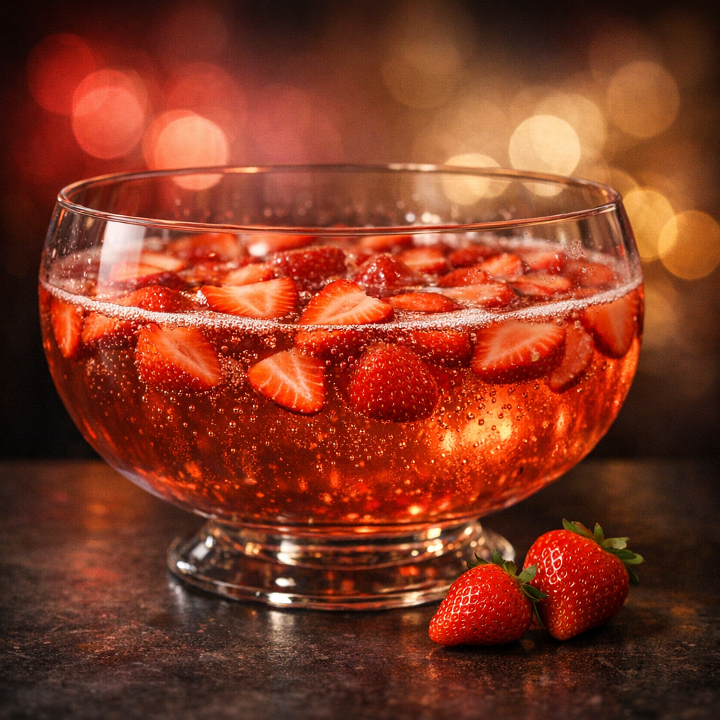 Hyperrealistische Erdbeerbowle mit echten Erdbeeren vor rosé-rotem Licht