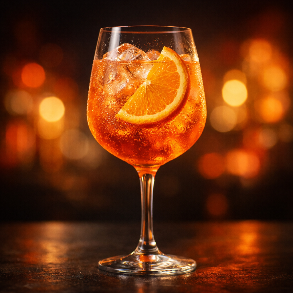 Hyperrealistischer alkoholfreier orangefarbener Spritz vor orange-rotem Licht