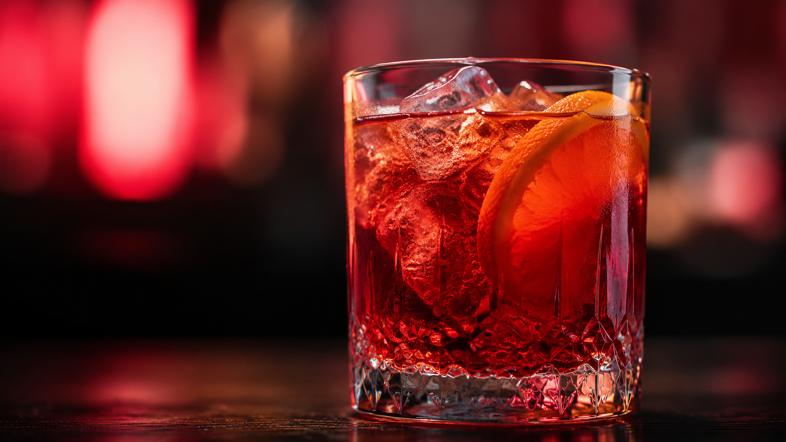 Americano vor extrem unscharfem Neonhintergrund in der Farbe des Drinks
