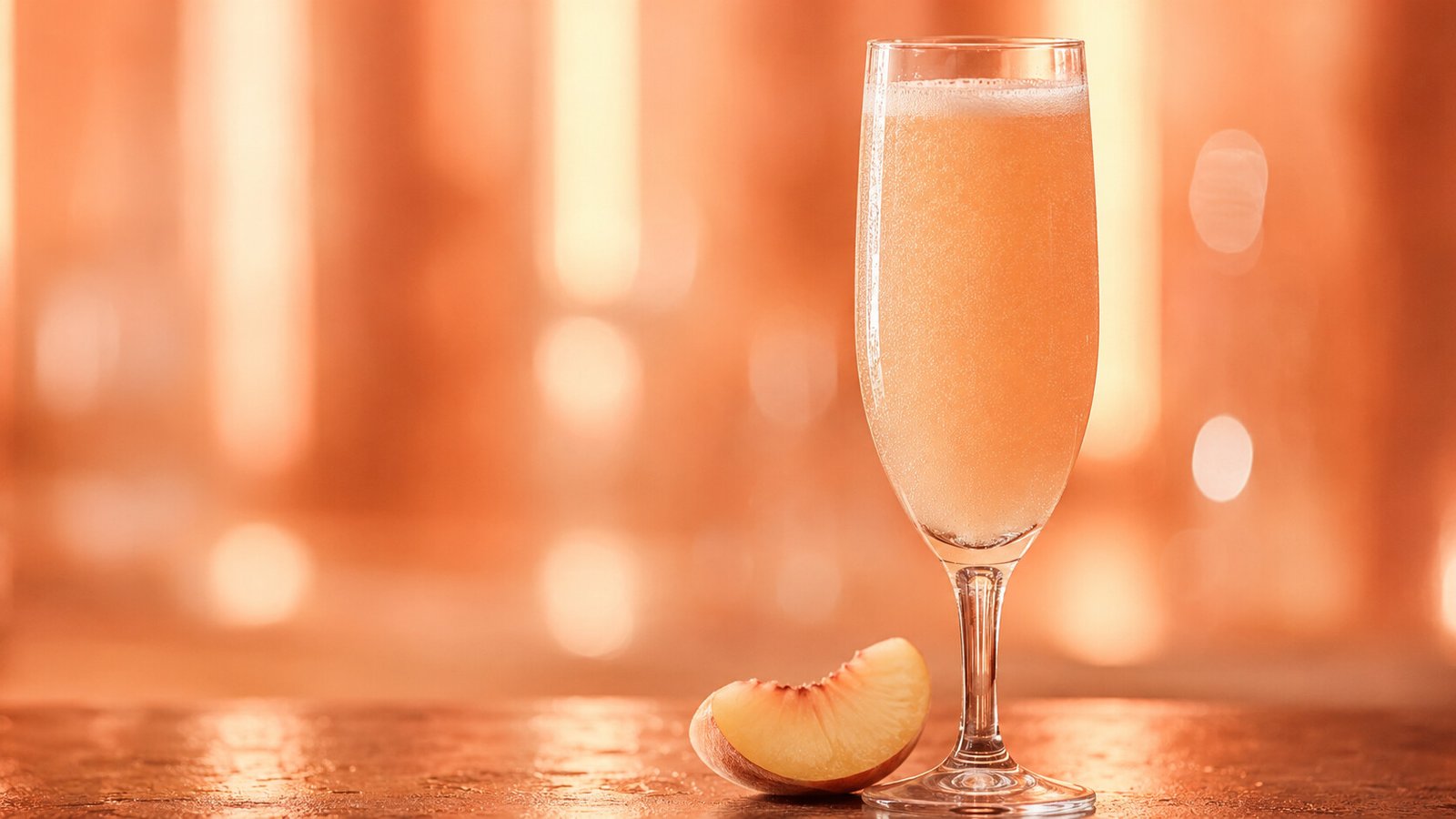Bellini mit natürlich daneben liegendem Pfirsich vor pfirsichfarbenem Neonlicht