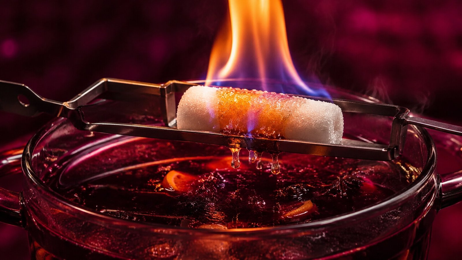 Feuerzangenbowle – Alkoholy Neon Feuerzangenbowle mit brennendem Zuckerhut vor rubinrotem Neonlicht