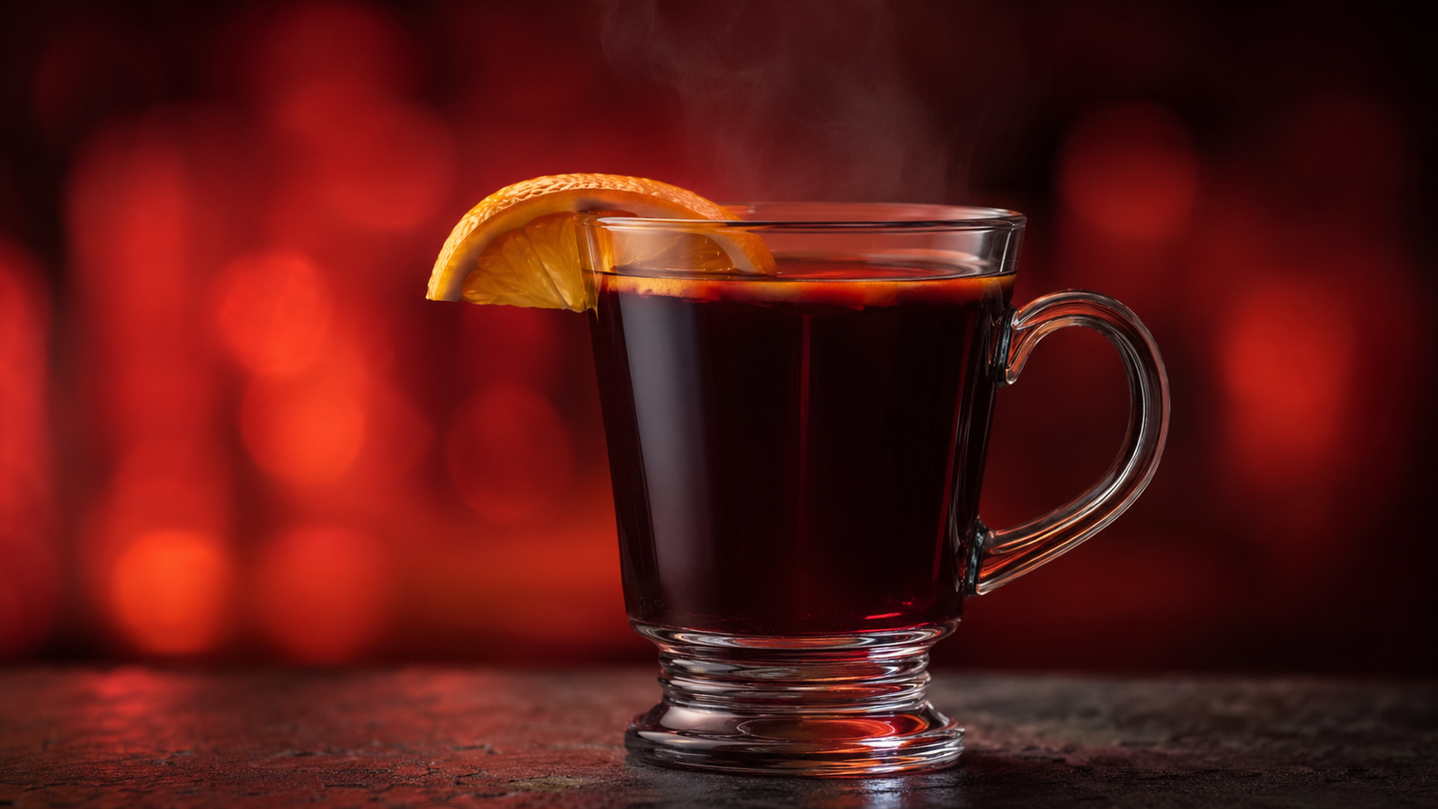 Feuerzangenbowle vor extrem unscharfem Neonhintergrund in der Farbe des Drinks