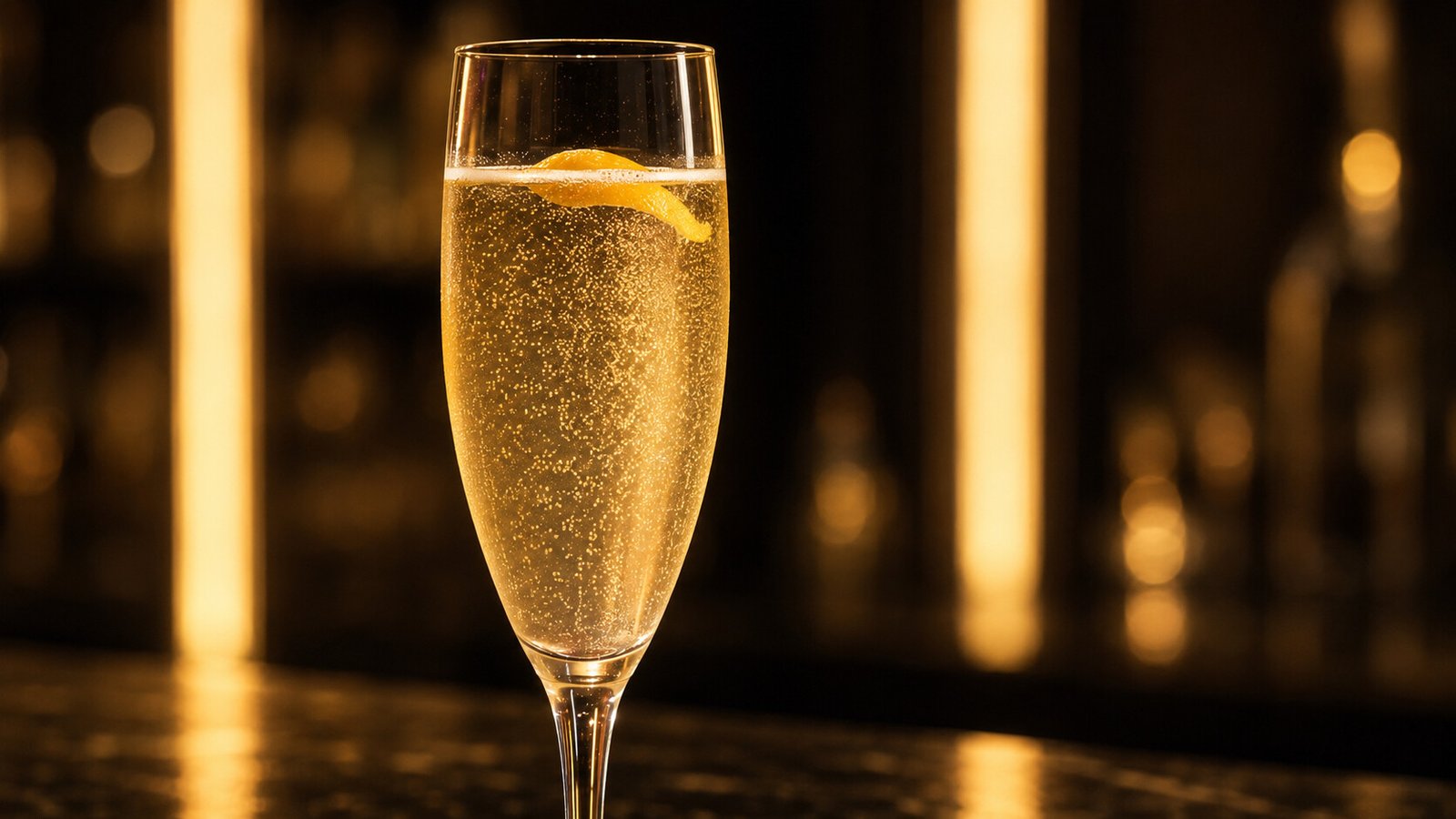 French 75 vor passendem champagne-goldenem Neonlicht im Alkoholy-Stil