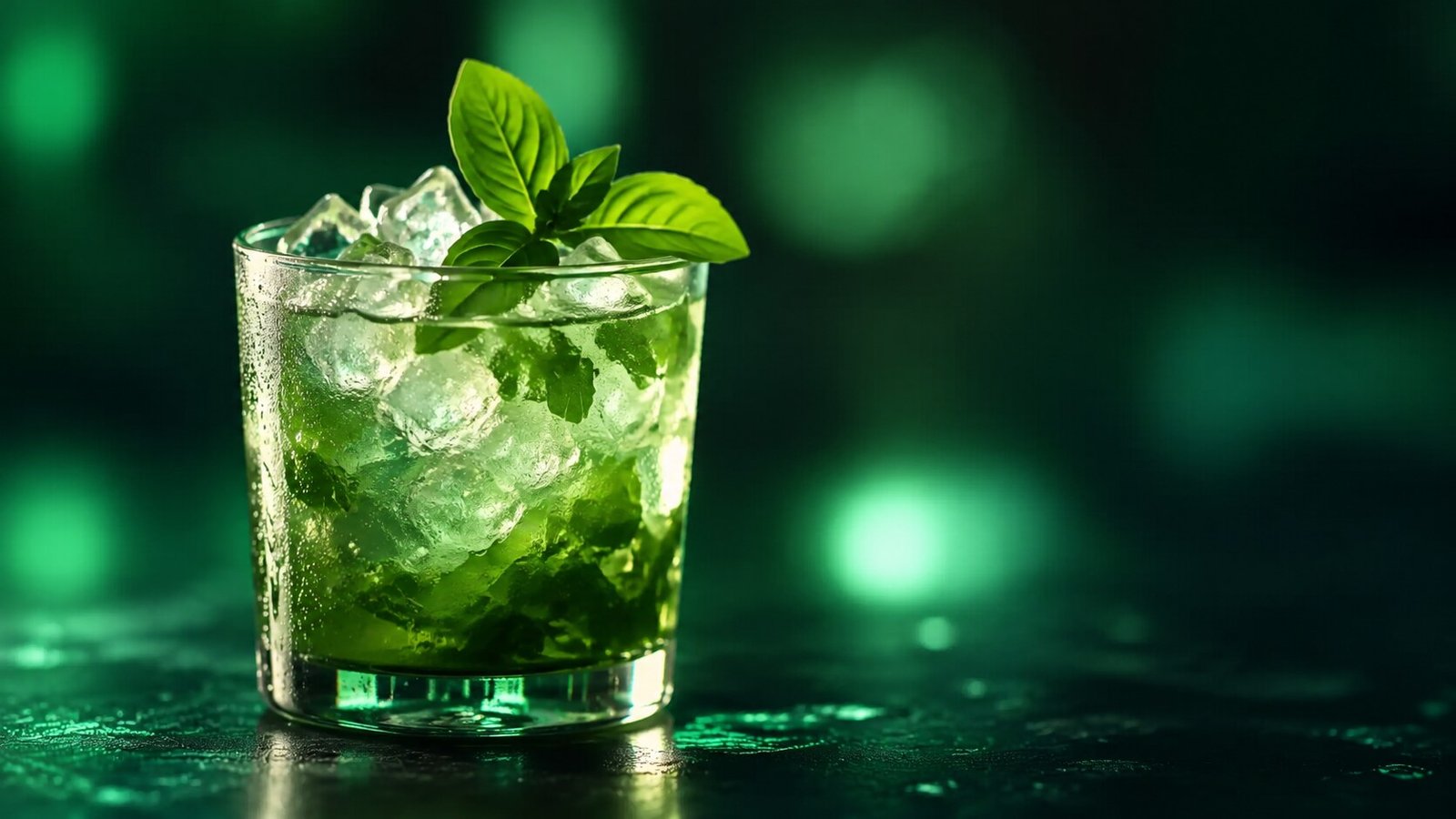 Gin Basil Smash vor stark verschwommenem grünem Licht