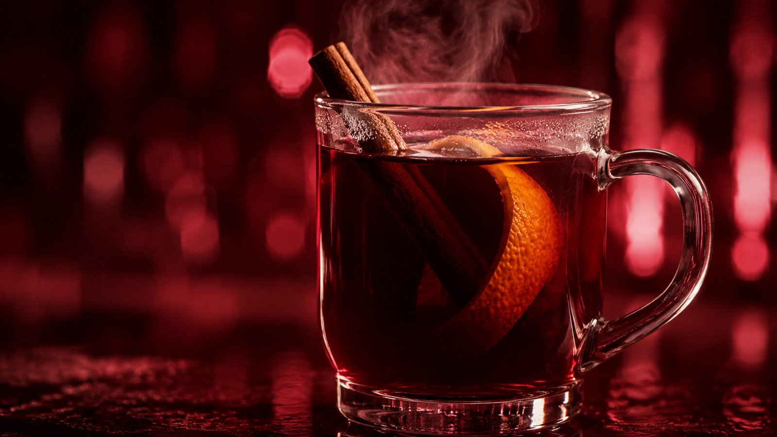 Dampfender Glühwein vor passendem burgunderrotem Neonlicht im Alkoholy-Stil