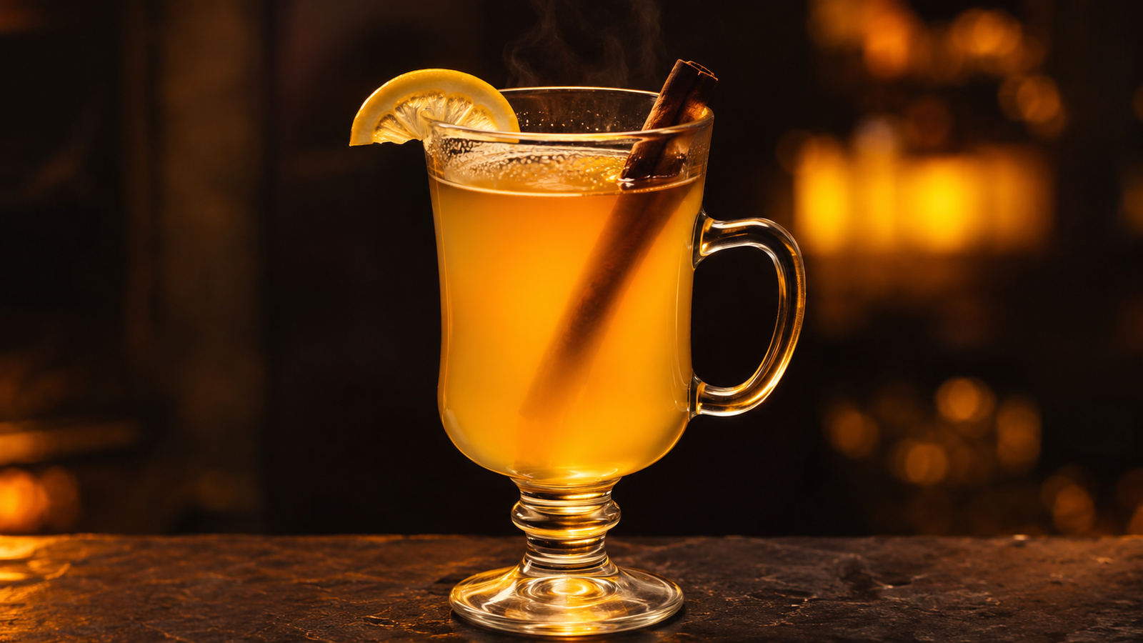 Hot Toddy vor extrem unscharfem Neonhintergrund in der Farbe des Drinks