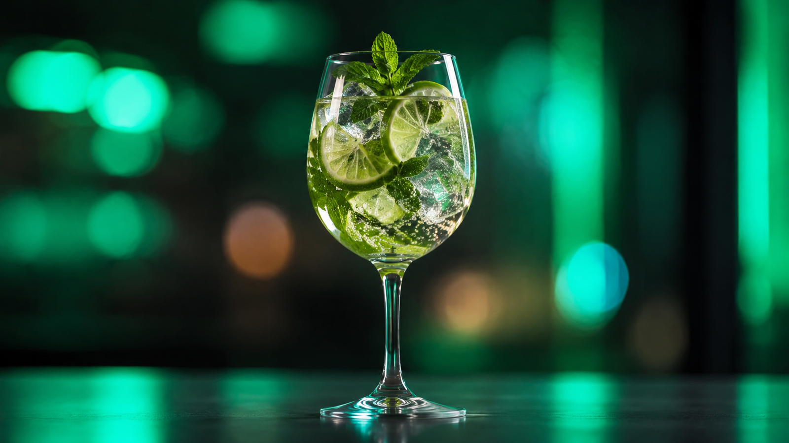 Hugo vor extrem unscharfem Neonhintergrund in der Farbe des Drinks