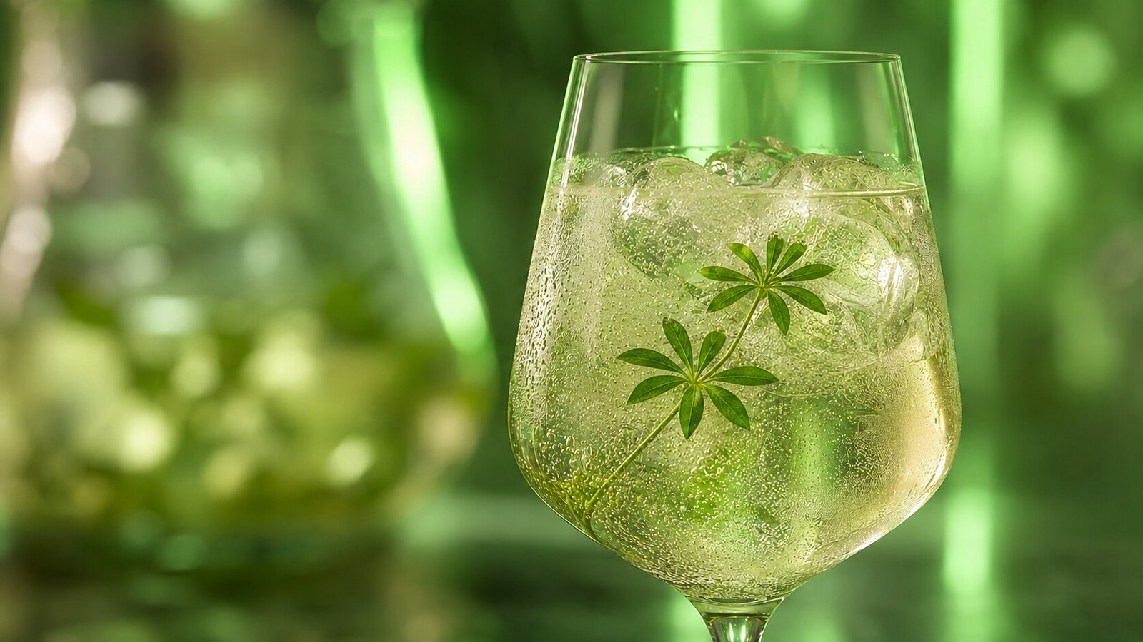 Maibowle mit Waldmeister vor passendem grünem Neonlicht im Alkoholy-Stil