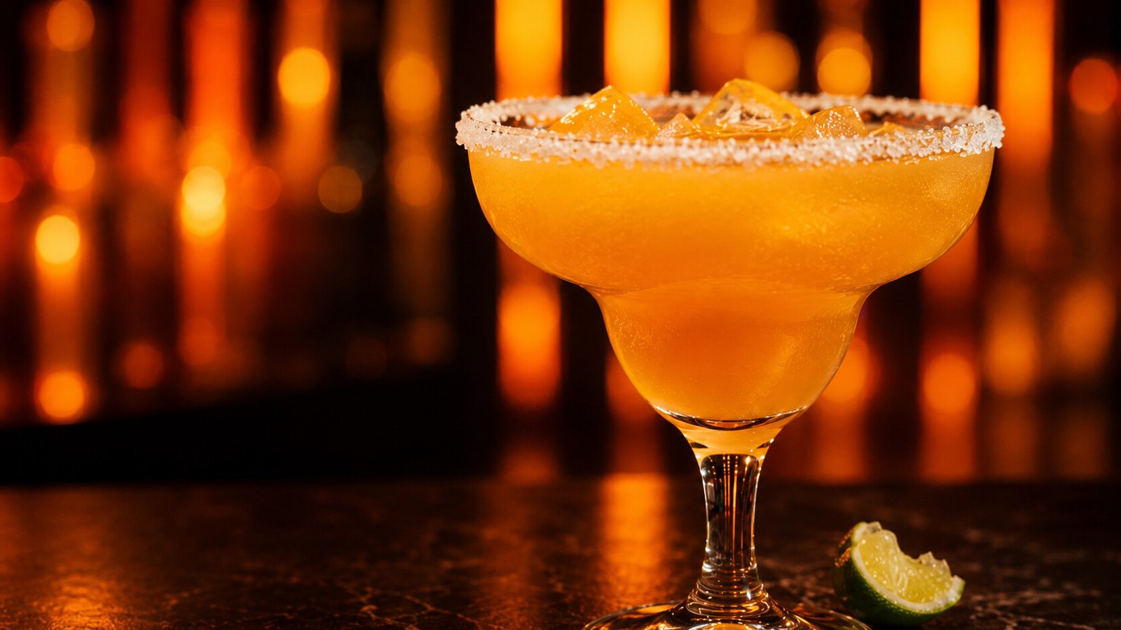 Mango Margarita – Alkoholy Neon Mango Margarita vor passendem mango-orangefarbenem Neonlicht im Alkoholy-Stil