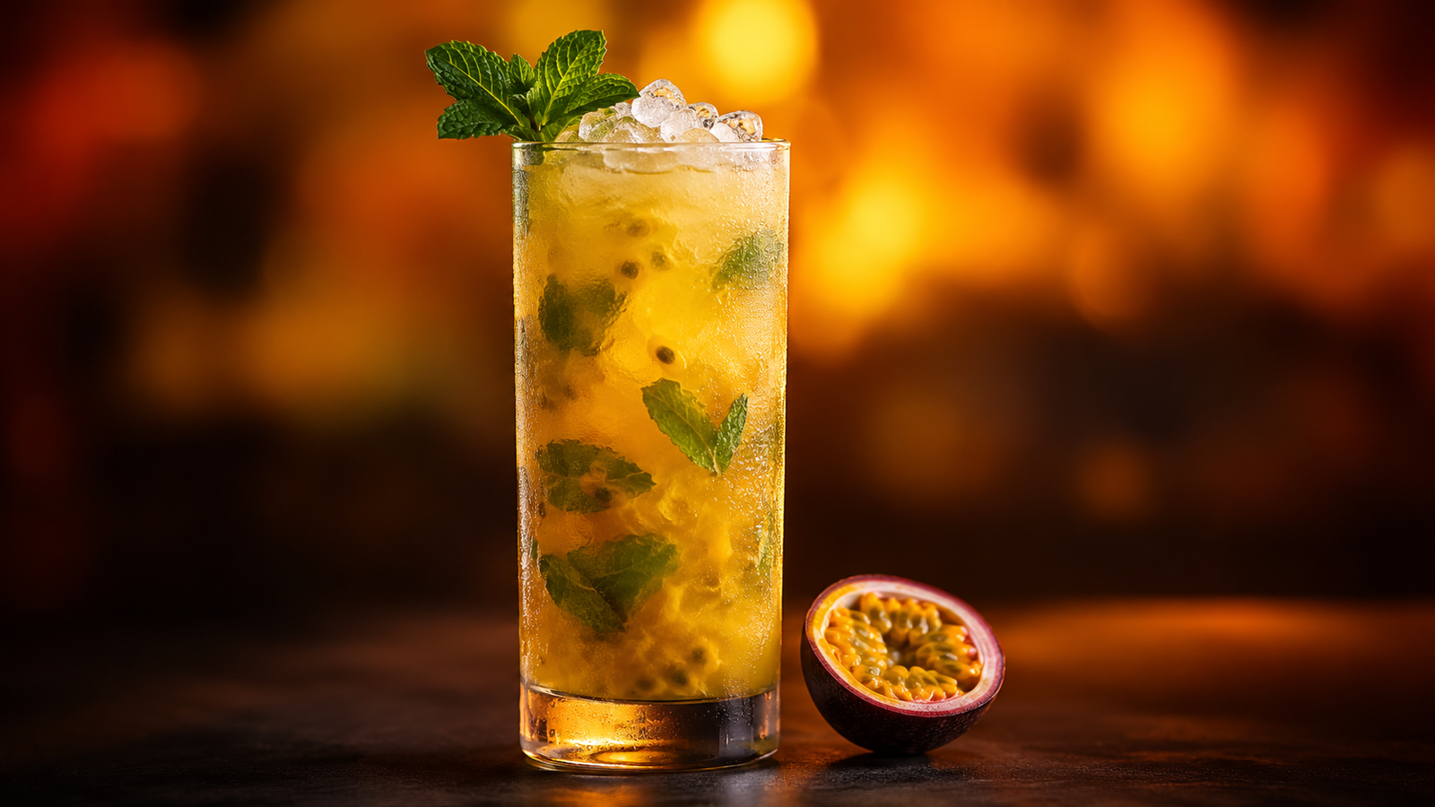 Maracuja Mojito vor extrem unscharfem Neonhintergrund in der Farbe des Drinks