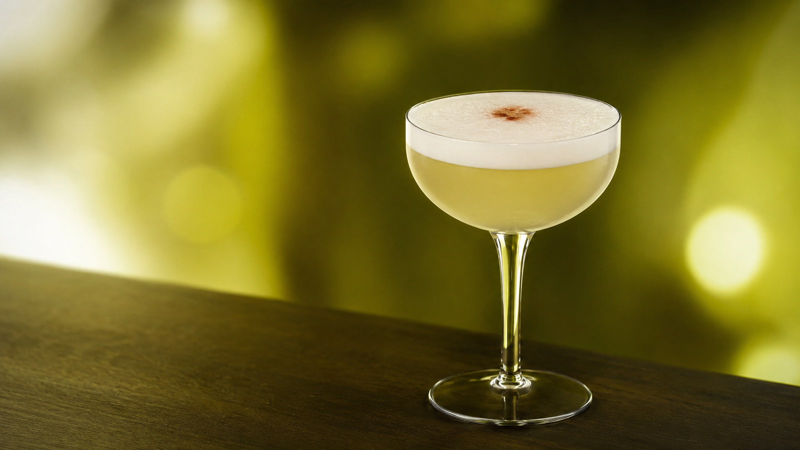 Pisco Sour vor extrem unscharfem Neonhintergrund in der Farbe des Drinks