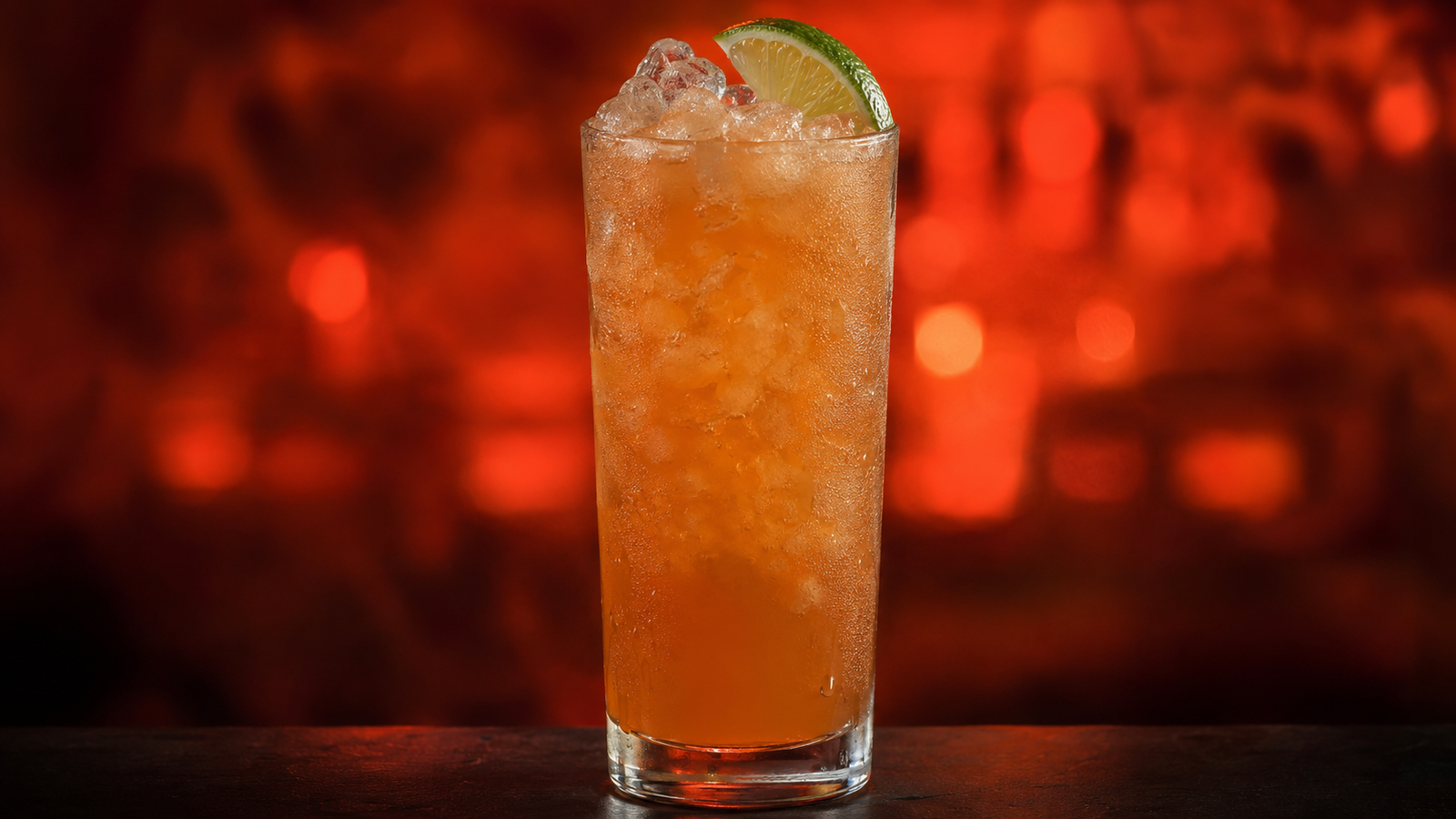 Planter’s Punch vor extrem unscharfem Neonhintergrund in der Farbe des Drinks