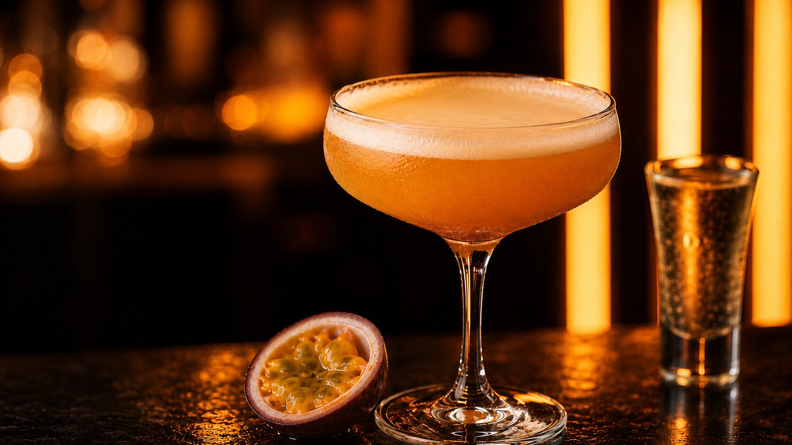 Pornstar Martini mit Maracuja vor passendem orangefarbenem Neonlicht