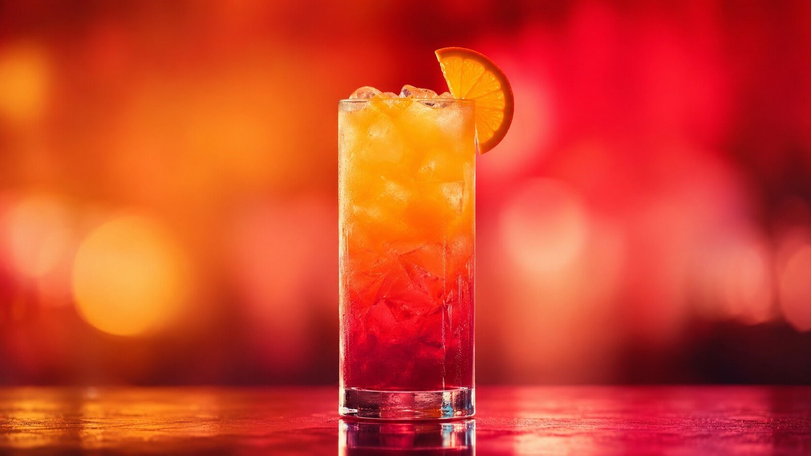 Sex on the Beach Cocktail vor stark verschwommenem orangefarbenem und rotem Licht