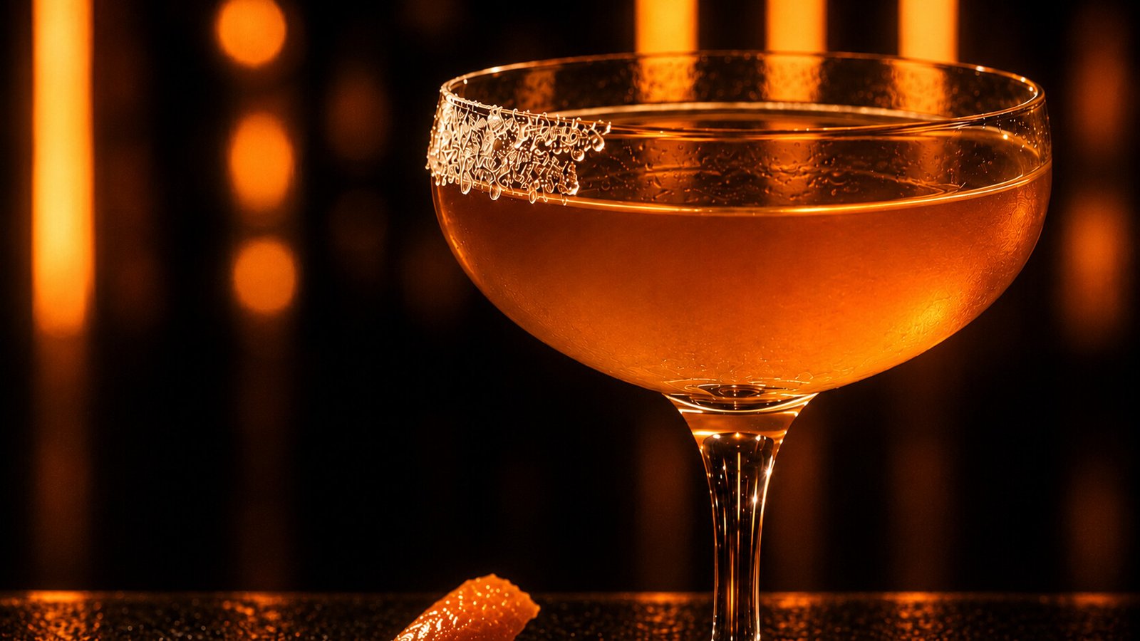 Sidecar vor passendem bernsteinfarbenem Neonlicht im Alkoholy-Stil