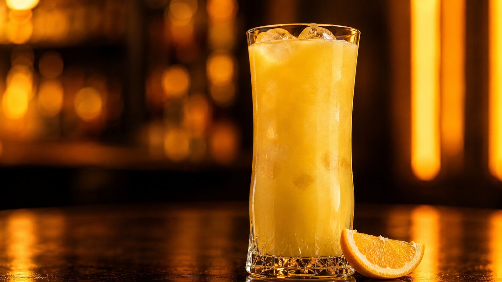Solero Cocktail vor passendem mango-orangefarbenem Neonlicht im Alkoholy-Stil