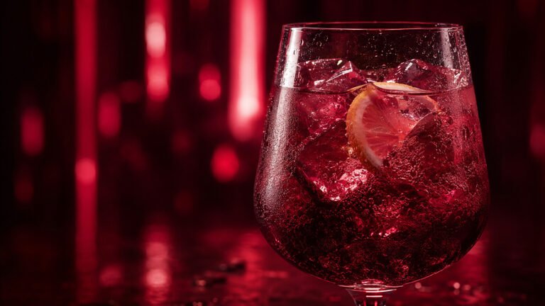 Tinto de Verano vor passendem rubinrotem Neonlicht im Alkoholy-Stil