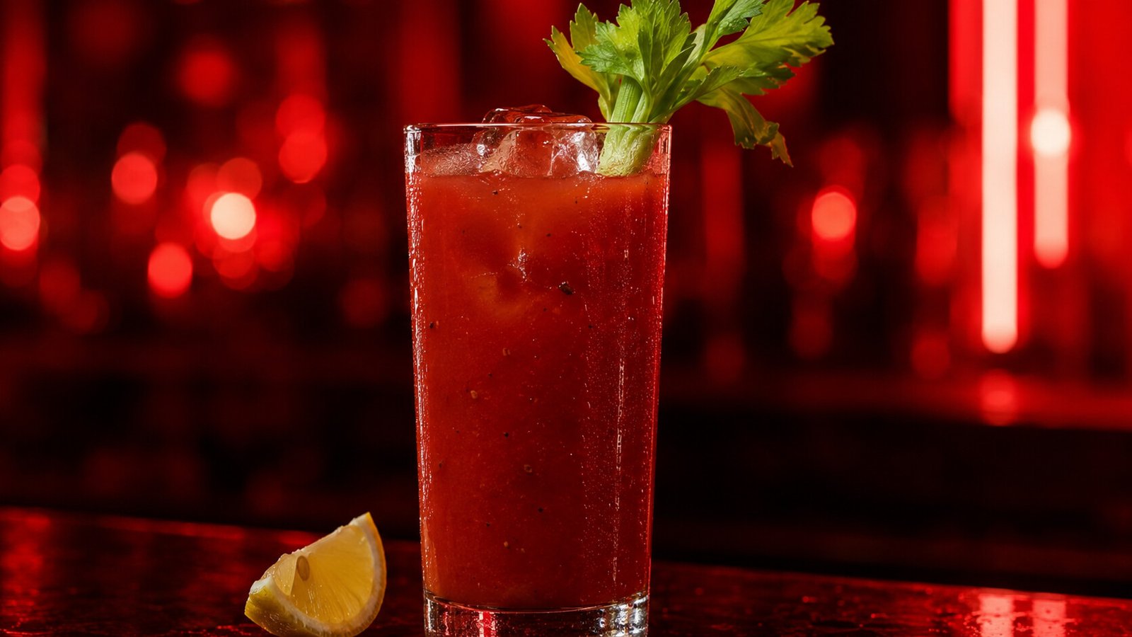 Virgin Mary vor passendem tomatenrotem Neonlicht im Alkoholy-Stil