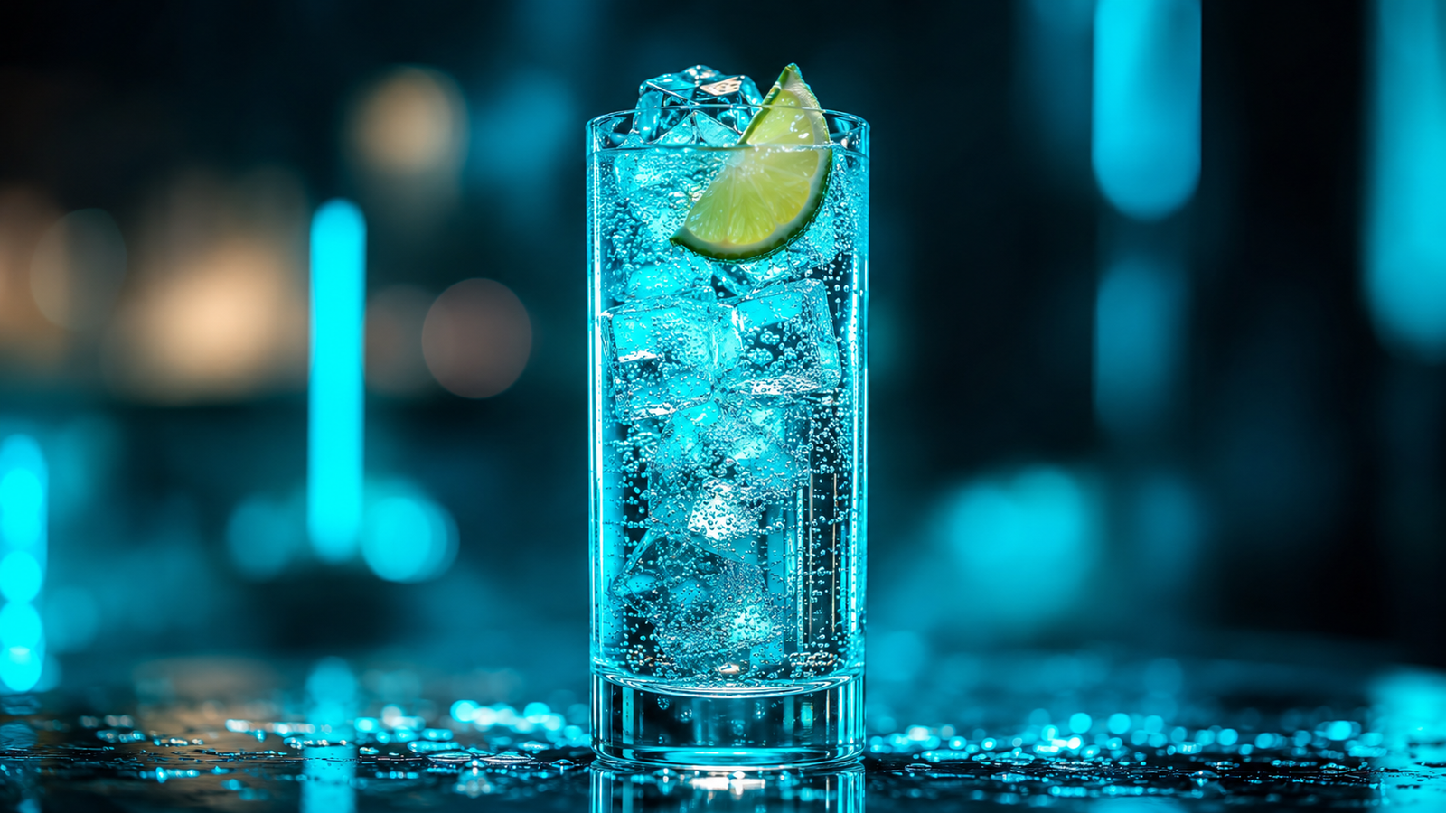 Vodka Energy vor extrem unscharfem Neonhintergrund in der Farbe des Drinks