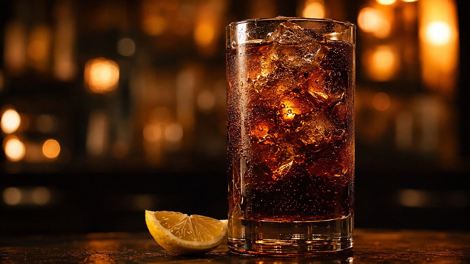 Whiskey Cola vor passendem karamell-braunem Neonlicht im Alkoholy-Stil